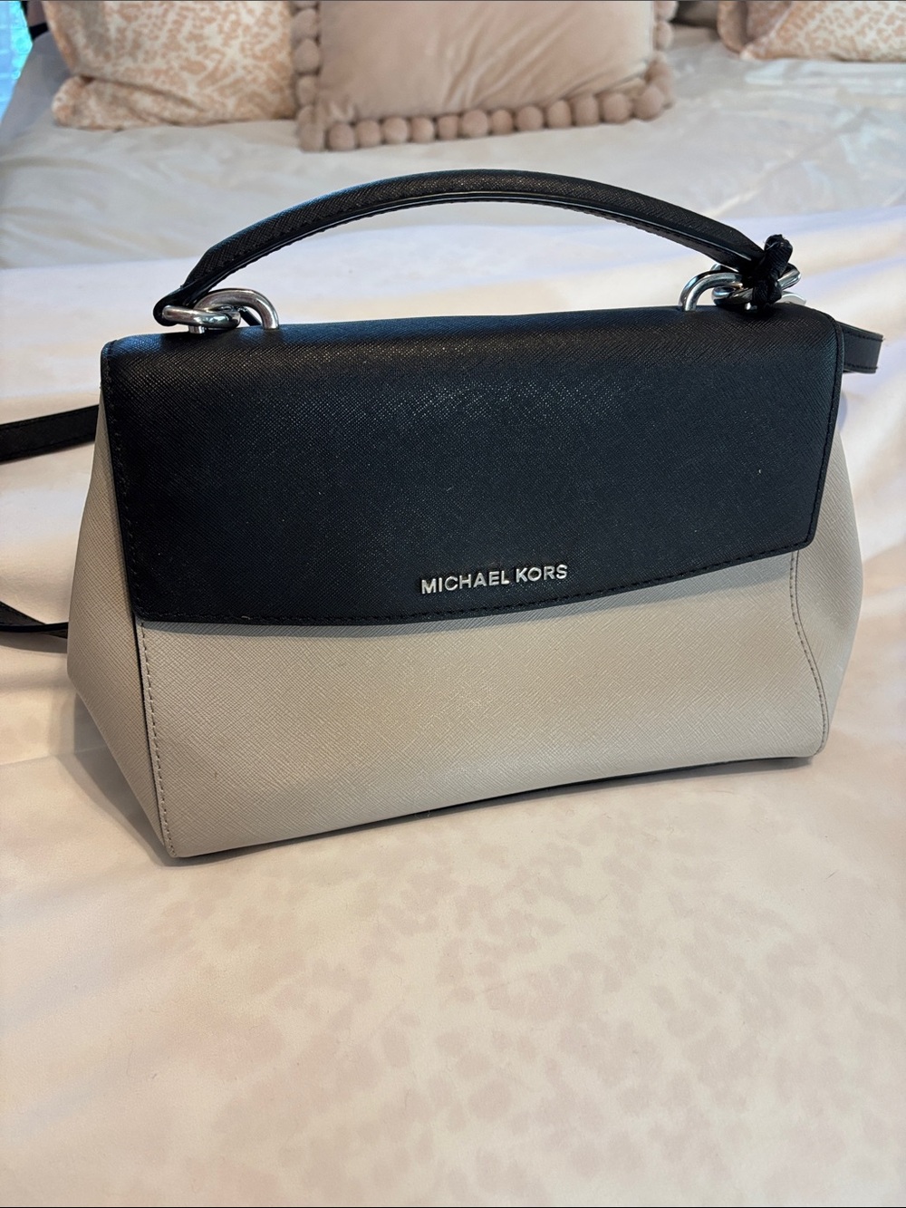 Michael Kors Black and Taupe Grey Structured Top-Handle Satchel